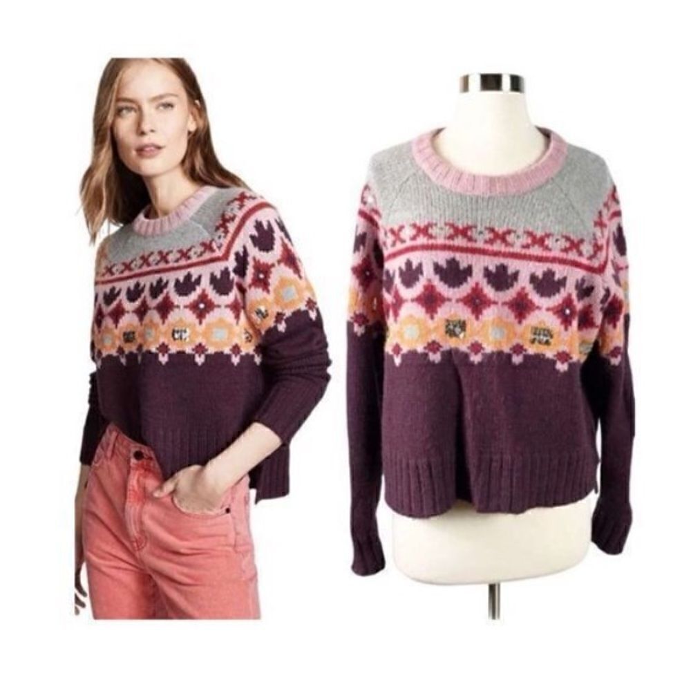 Cinq A Sept Women’s Size XS Sweater Purple Gianni Fair Isle Sequin Wool Y2K